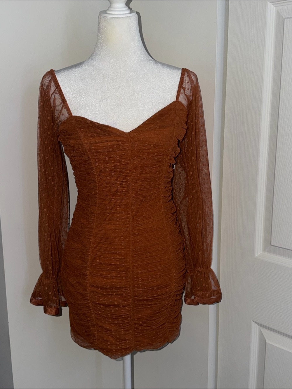 Haute Monde Rust Brown Ruched Long-Sleeve Mini Dress